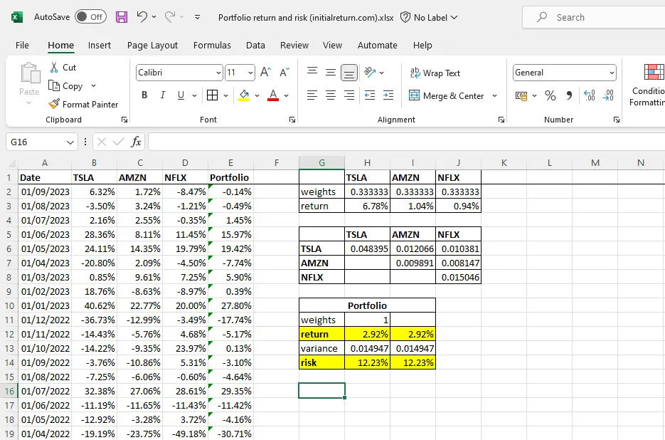 How to calculate portfolio risk and return in Excel