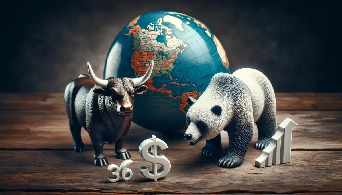 An image showcasing the impact of economic factors on global investments, with a bull and bear figurine, interest rate and inflation symbols, and a globe