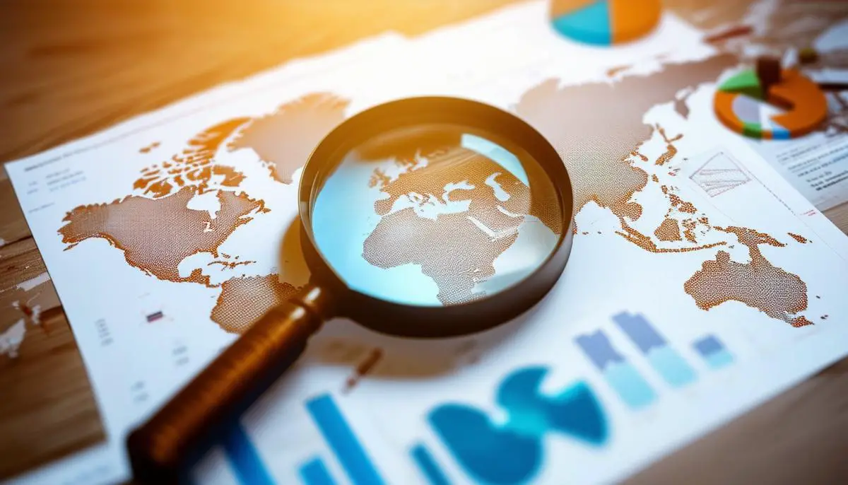 An image illustrating the process of evaluating global investment opportunities, with a magnifying glass over a world map and various financial charts and graphs