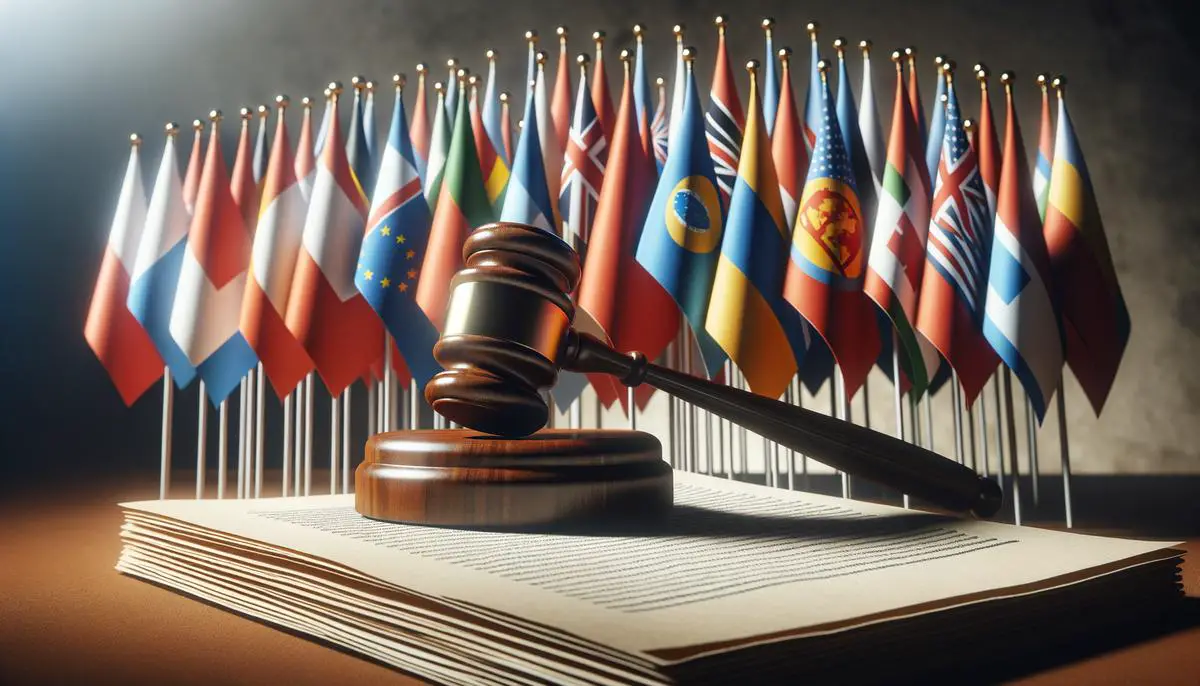An image depicting the regulatory challenges in global investing, with a gavel, legal documents, and various international flags